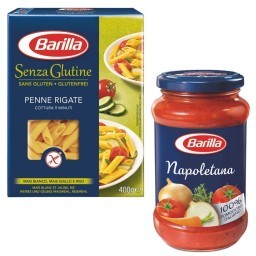 Kit BARILLA com Macarrão Italiano Penne Rigate sem Glúten + Molho de Tomate Napolitana Vidro 400g Ca