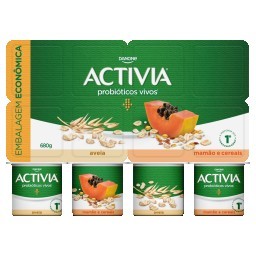 Leite Fermentado Integral Aveia + Mamão e Cereais Activia Bandeja 680g 8 Unidades Embalagem Econômic