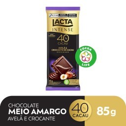 Chocolate Lacta Intense Meio Amargo 40% Cacau Avelã e Crocante de Cacau 85g