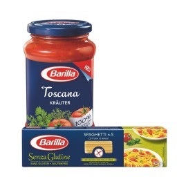 Kit BARILLA com Macarrão Italiano Spaghetti Nº5 sem Glúten + Molho de Tomate Toscana Vidro 400g Cada