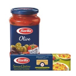 Kit BARILLA com Macarrão Italiano Spaghetti Nº5 sem Glúten + Molho de Tomate Olive Vidro 400g Cada