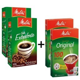 Kit MELITTA com 2 Cafés à Vácuo Torrado e Moído Extra Forte Caixa 500g Cada +  2 Coadores de Papel N