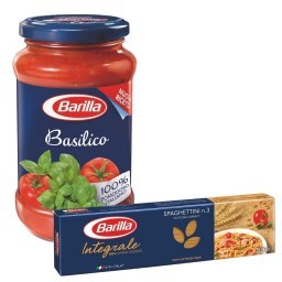 Kit BARILLA com Macarrão Italiano Integral Spaghetini Nº3 500g + Molho de Tomate Basilico  Vidro 400