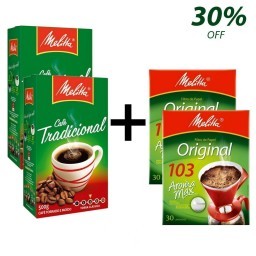 Kit MELITTA com 2 Café à Vácuo Torrado e Moído Tradicional Caixa de 500g + 2 Coadores de Papel Aroma