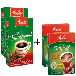 Kit MELITTA com 2 Cafés à Vácuo Torrado e Moído Tradicional Caixa 500g Cada + 2 Coadores de Papel Nº