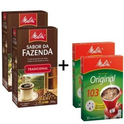 Kit MELITTA com 2 Cafés à Vácuo Torrado e Moído Tradicional Sabor da Fazenda Caixa 500g Cada + 2 Coa