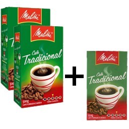 Kit com 2 Cafés MELITTA à Vácuo Torrado e Moído Tradicional Caixa 500g Cada Grátis 1 Café 250g