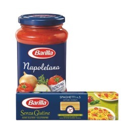 Kit BARILLA com Macarrão Italiano Spaghetti Nº5 sem Glúten + Molho de Tomate Napolitana Vidro 400g C