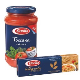 Kit BARILLA com Macarrão Italiano Integral Spaghetti Nº 5  500g + Molho de Tomate Toscana Vidro 400g