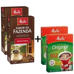 Kit MELITTA com 2 Cafés à Vácuo Torrado e Moído Tradicional Sabor da Fazenda Caixa 500g Cada + 2 Coa