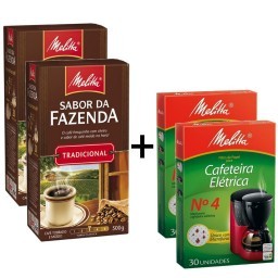 Kit MELITTA com 2 Cafés à Vácuo Torrado e Moído Tradicional Sabor da Fazenda Caixa 500g Cada + 2 Coa