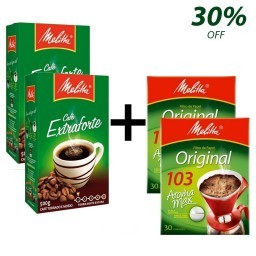 Kit MELITTA com 2 Café à Vácuo Torrado e Moído Extra Forte Caixa de 500g + 2 Coadores de Papel Aroma