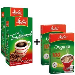 Kit MELITTA com 2 Cafés à Vácuo Torrado e Moído Tradicional Caixa 500g Cada + 2 Coadores de Papel Nº