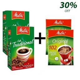 Kit MELITTA com 2 Café à Vácuo Torrado e Moído Tradicional Caixa de 500g + 2 Coadores de Papel Aroma