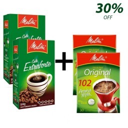 Kit MELITTA com 2 Café à Vácuo Torrado e Moído Extra Forte Caixa de 500g + 2 Coadores de Papel Aroma