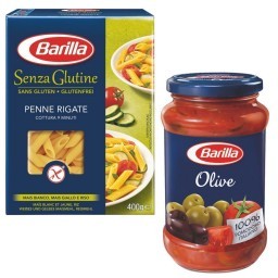 Kit BARILLA com Macarrão Italiano Penne Rigate sem Glúten + Molho de Tomate Olive Vidro 400g Cada