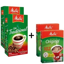 Kit MELITTA com 2 Cafés à Vácuo Torrado e Moído Tradicional Caixa 500g Cada + 2 Coadores de Papel Nº