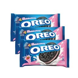 Kit com 3 Pacotes de Biscoito OREO Recheado com Milkshake de Morango 144g Cada