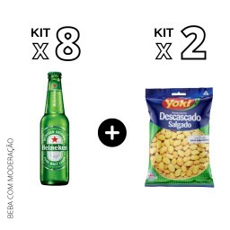 Kit com 8 Cervejas HEINEKEN Garrafa 330ml +  2 Pacotes de Amendoins Salgado sem Pele YOKI Pacote 150