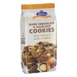 Biscoito Cookie com Pedaços de Chocolate Amargo e Pedaços de Avelã Merba Pacote 200g	